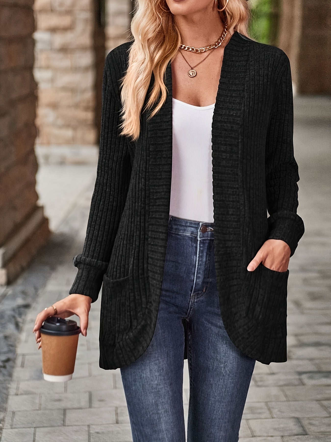 Ribbed Open Front Cardigan with Pockets