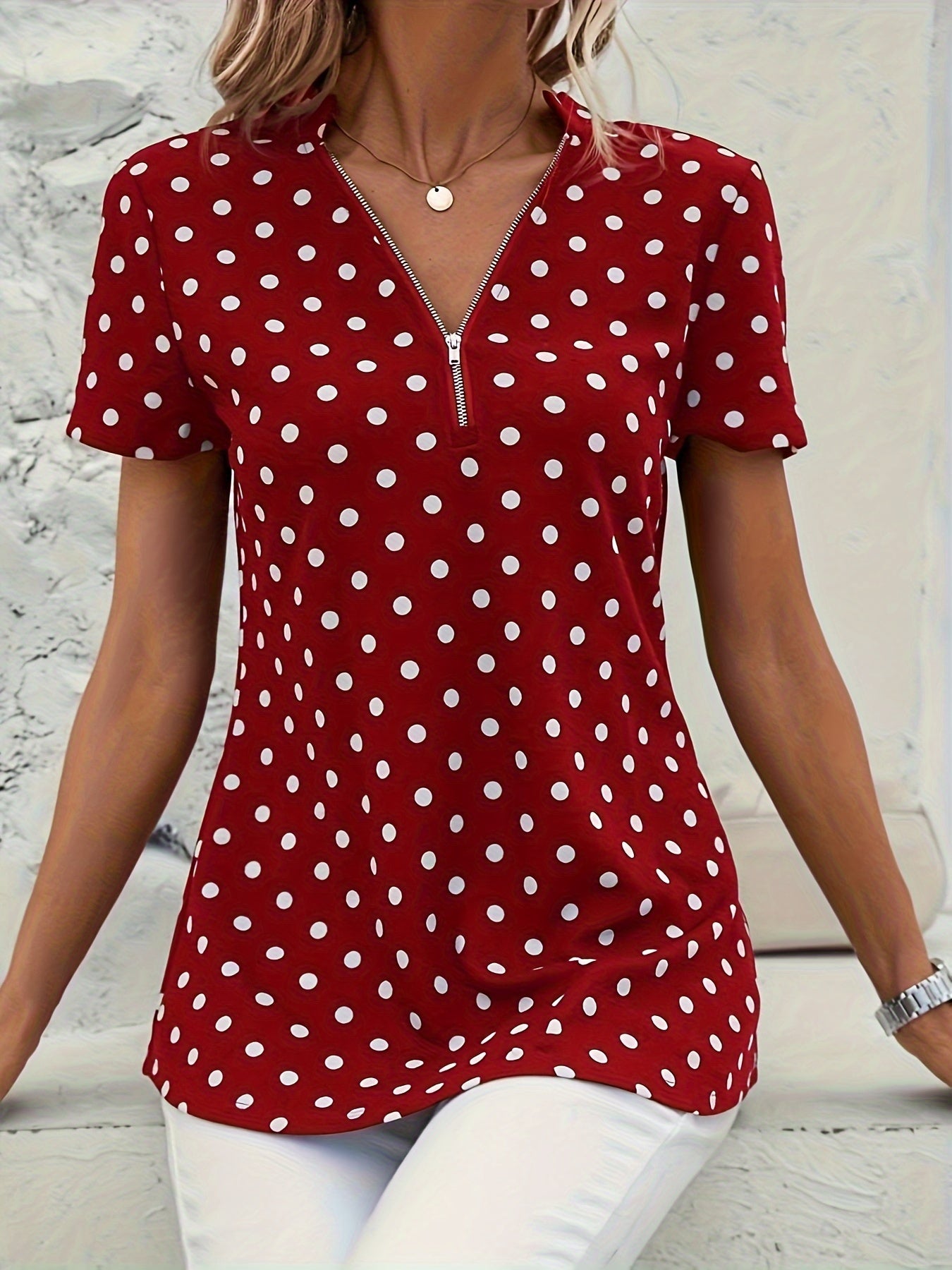 Polka Dot V-Neck Zipper Blouse