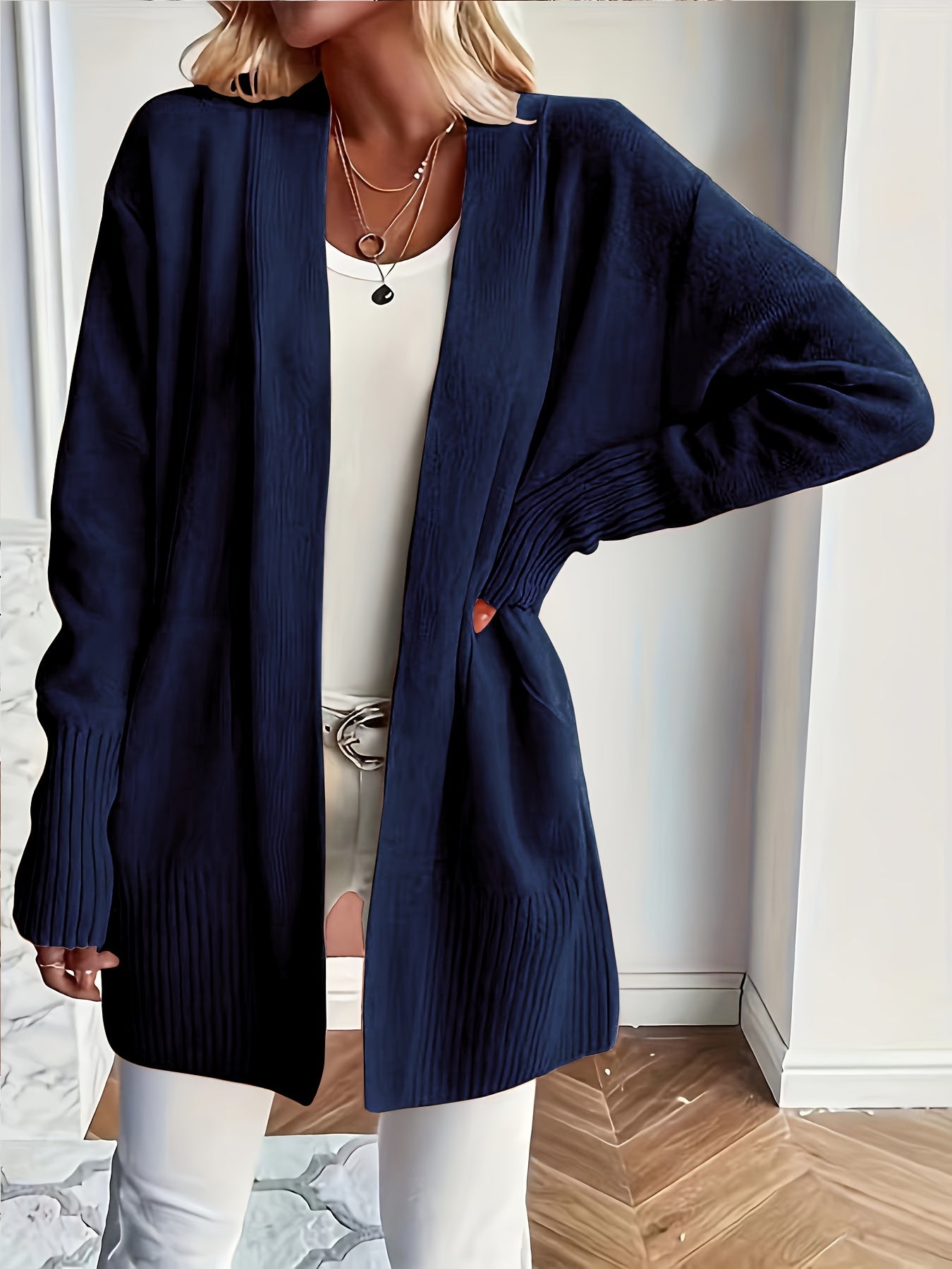 Elegant Open Front Cardigan with Pockets