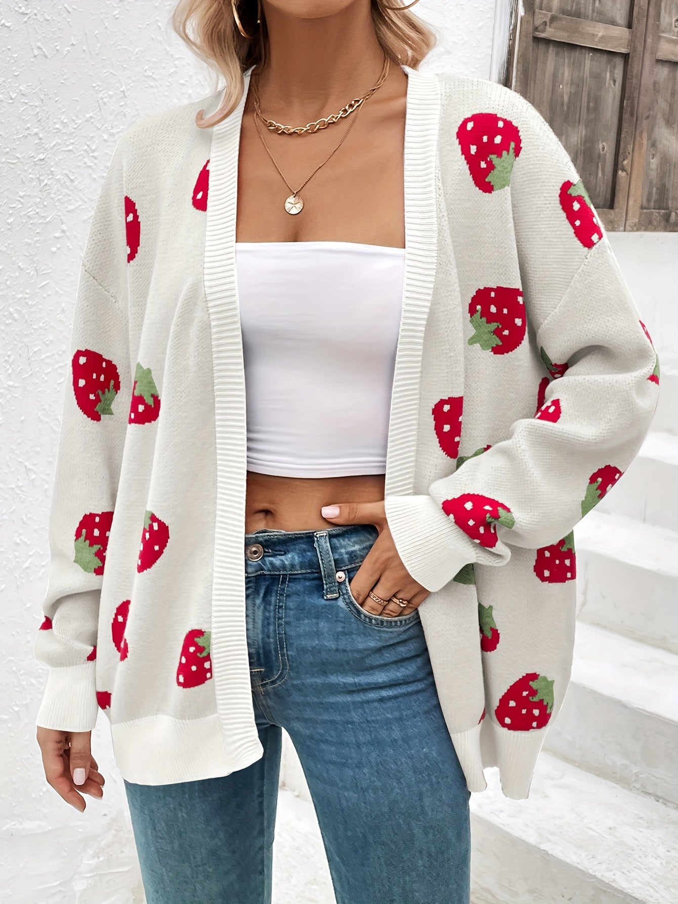 Strawberry Print Open Front Cardigan