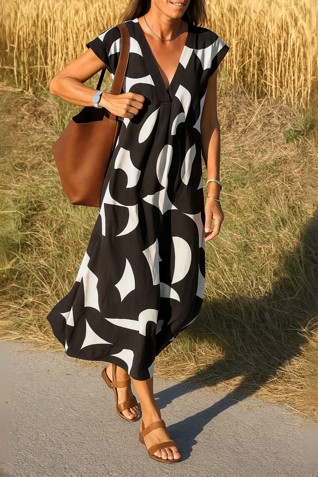 Printed Dress with V-Neck