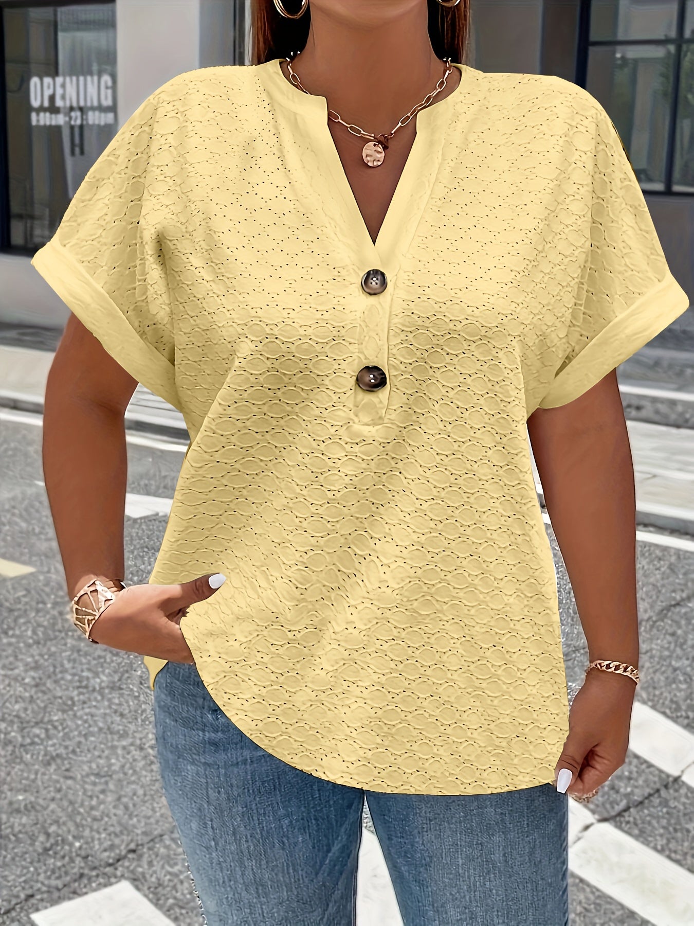 V-Neck Short Sleeve Blouse with Button Detail