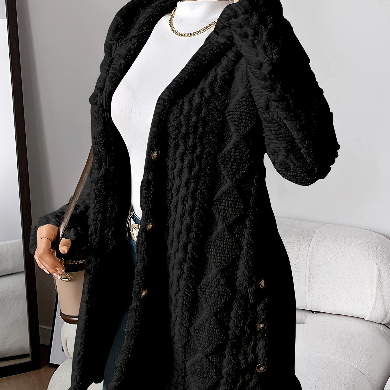 Plush Hooded Argyle Cardigan Coat