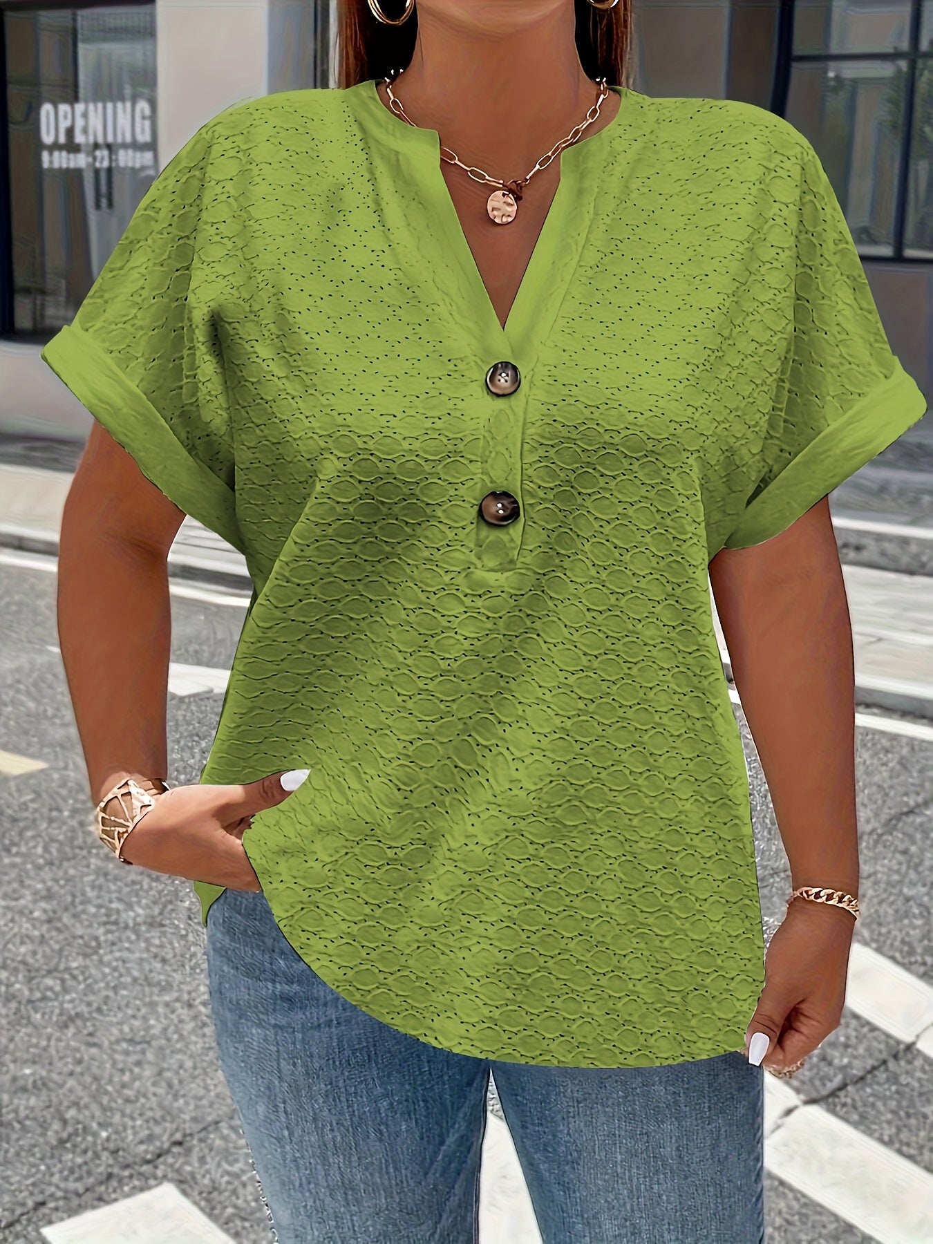 V-Neck Short Sleeve Blouse with Button Detail