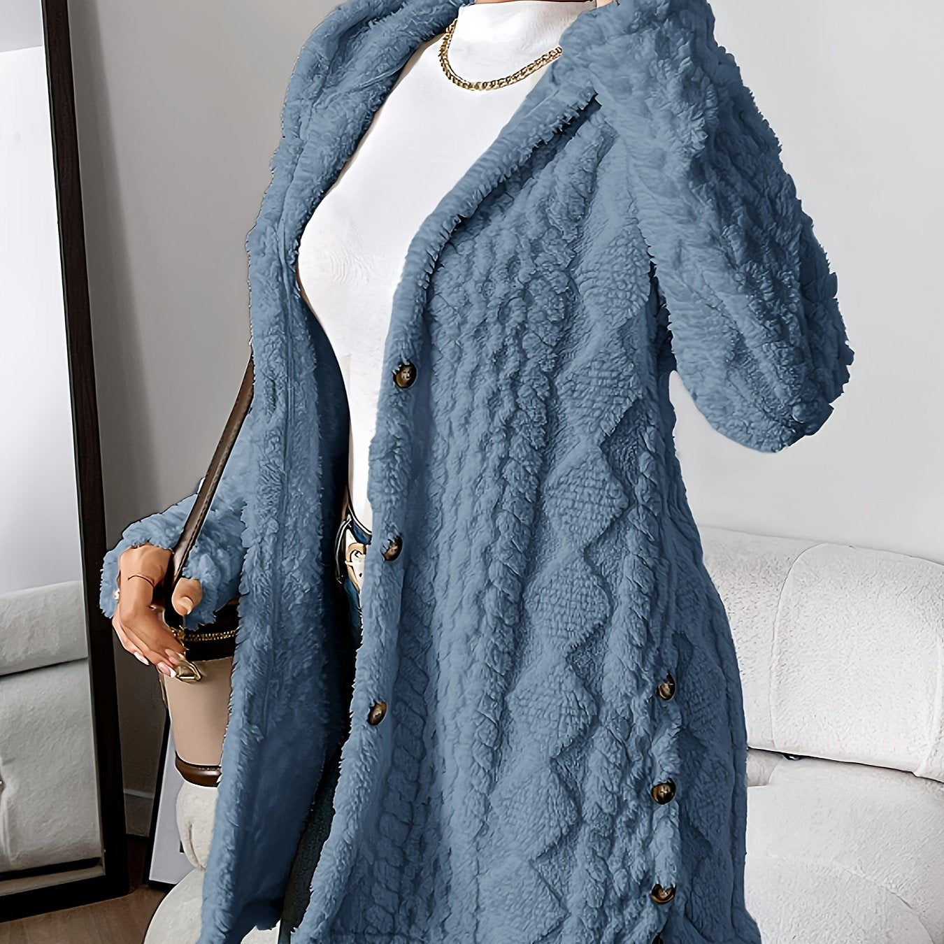 Plush Hooded Argyle Cardigan Coat