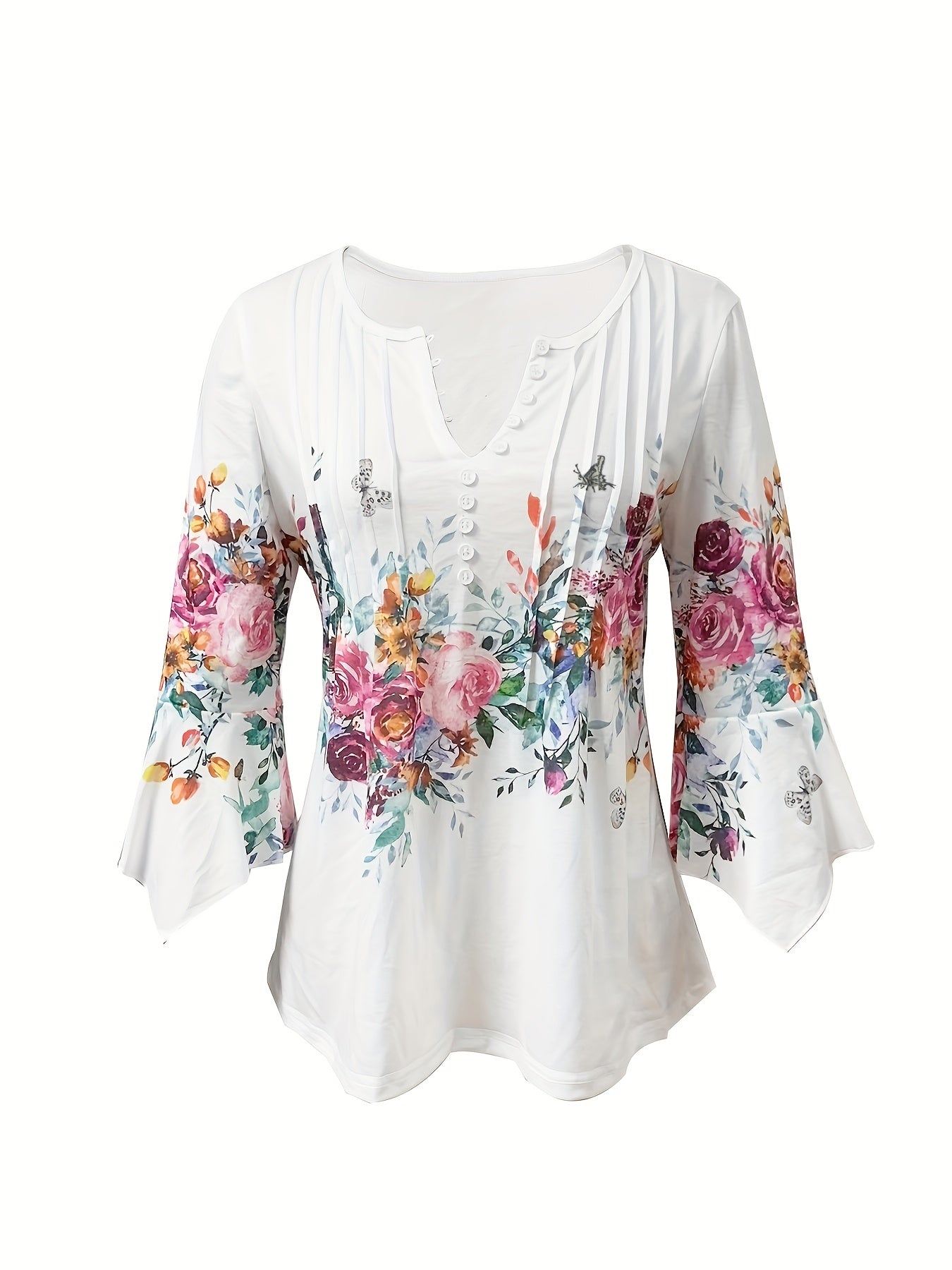 Floral V-Neck Button Blouse
