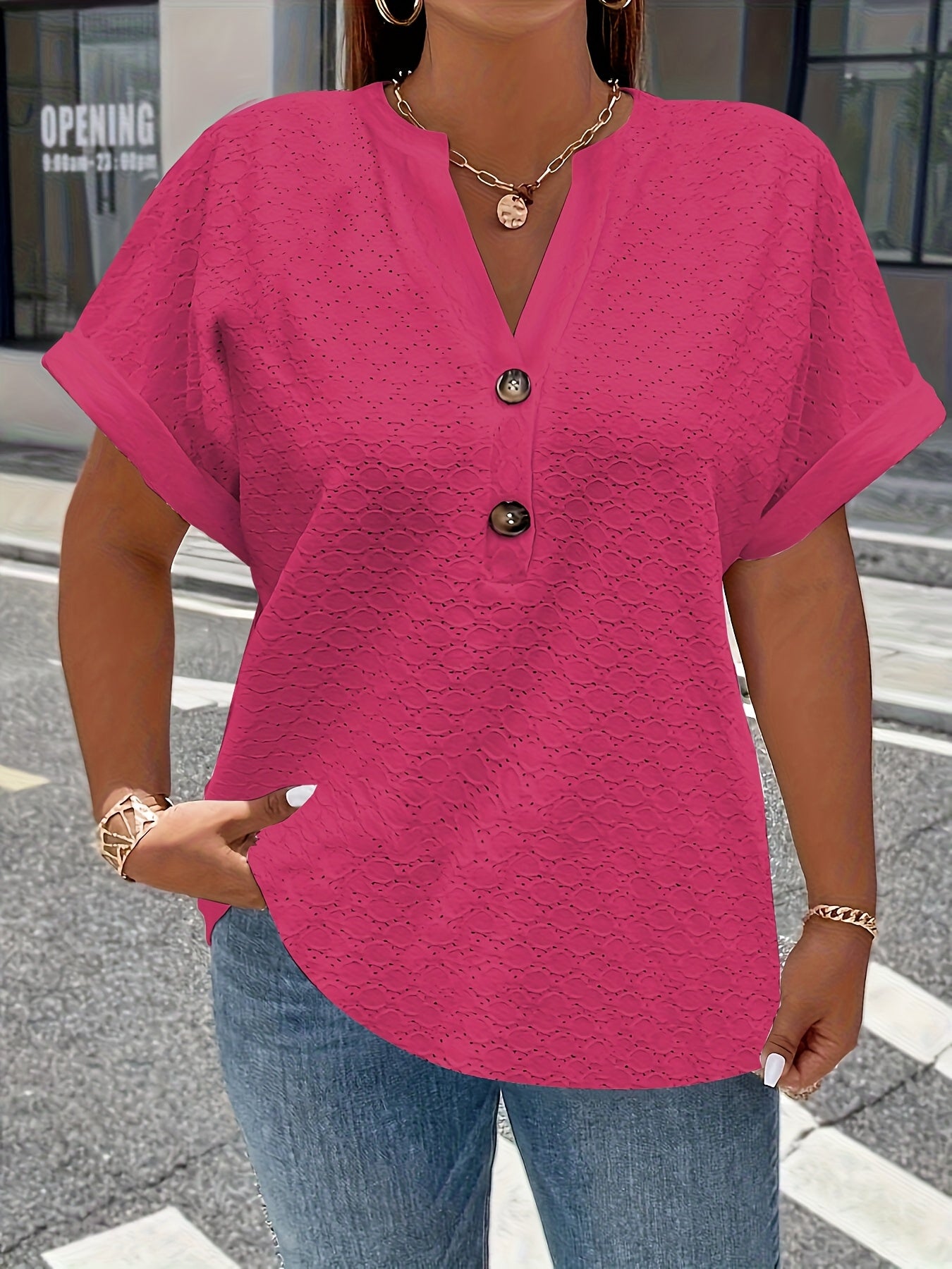 V-Neck Short Sleeve Blouse with Button Detail
