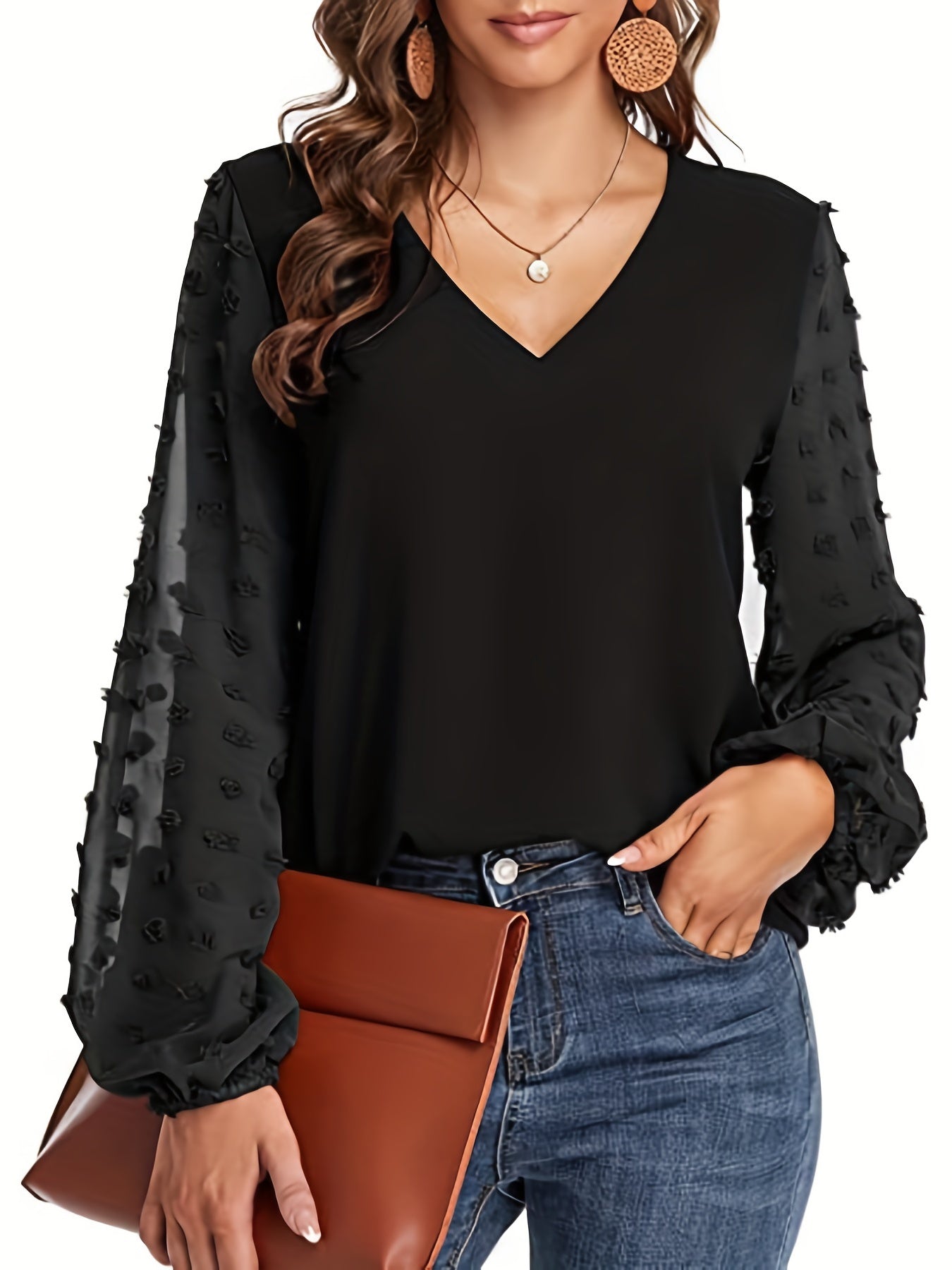 V-Neck Shirt with Swiss Dot Sleeves