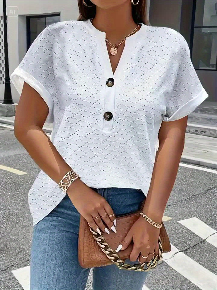 V-Neck Short Sleeve Blouse with Button Detail