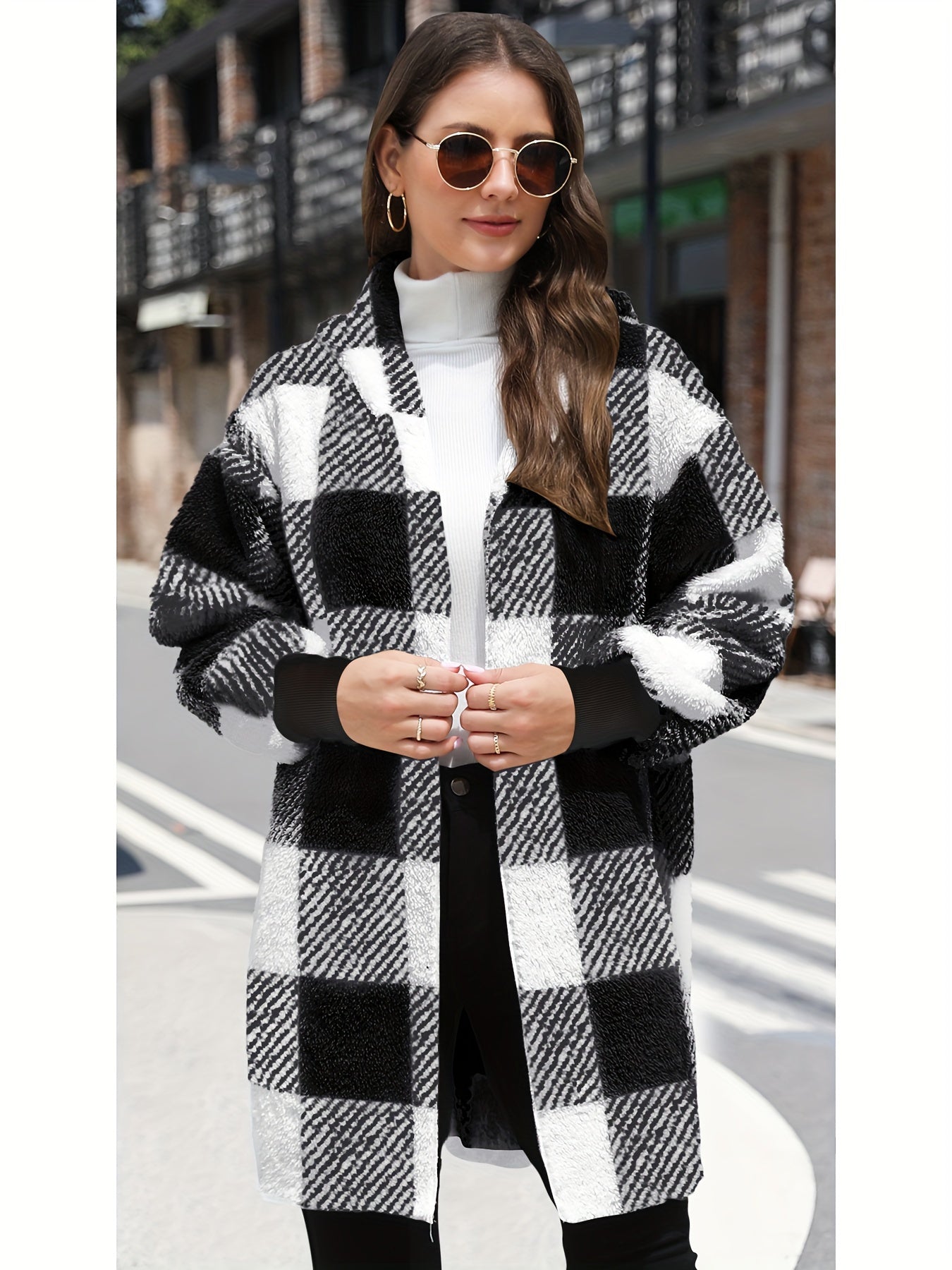 Plaid Fleece Hooded Cardigan Jacket