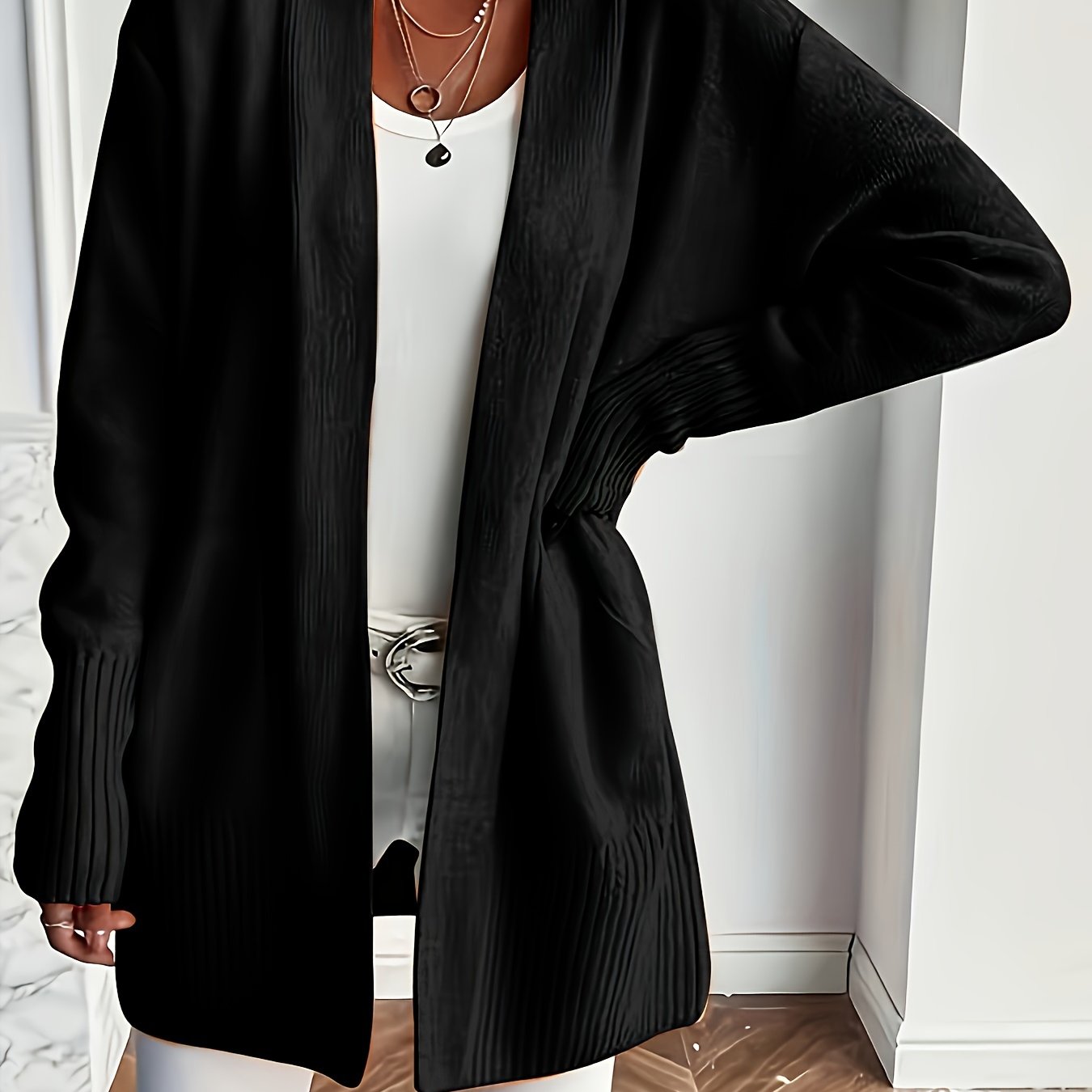 Elegant Open Front Cardigan with Pockets