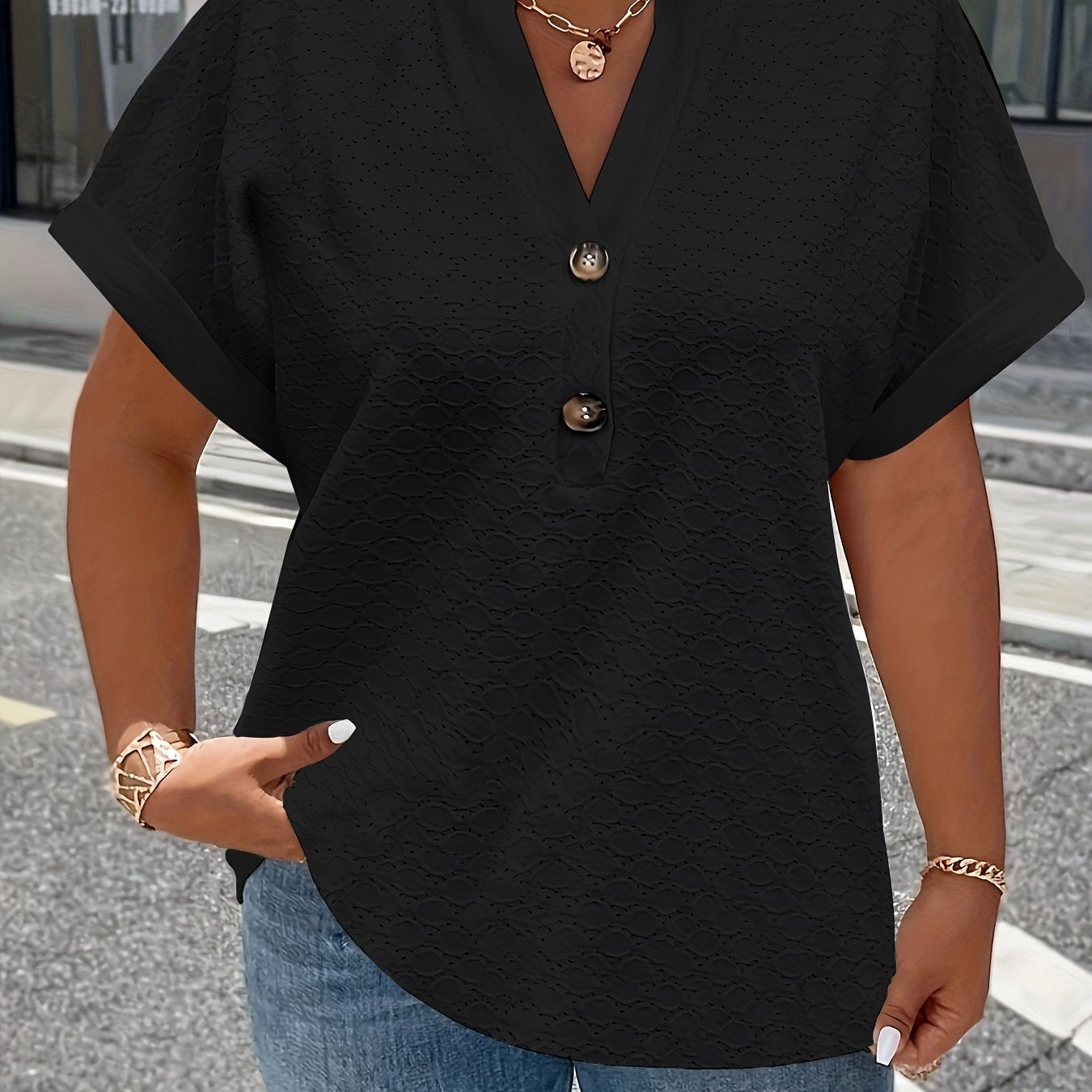 V-Neck Short Sleeve Blouse with Button Detail