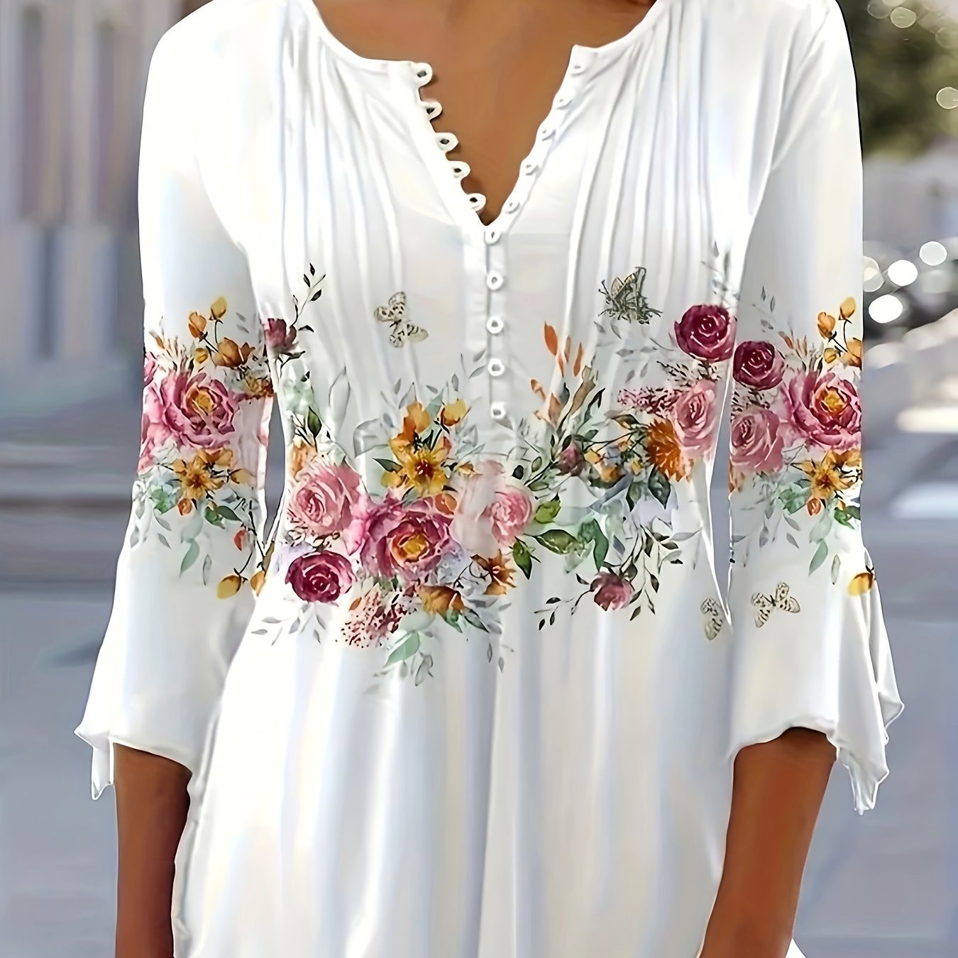 Floral V-Neck Button Blouse