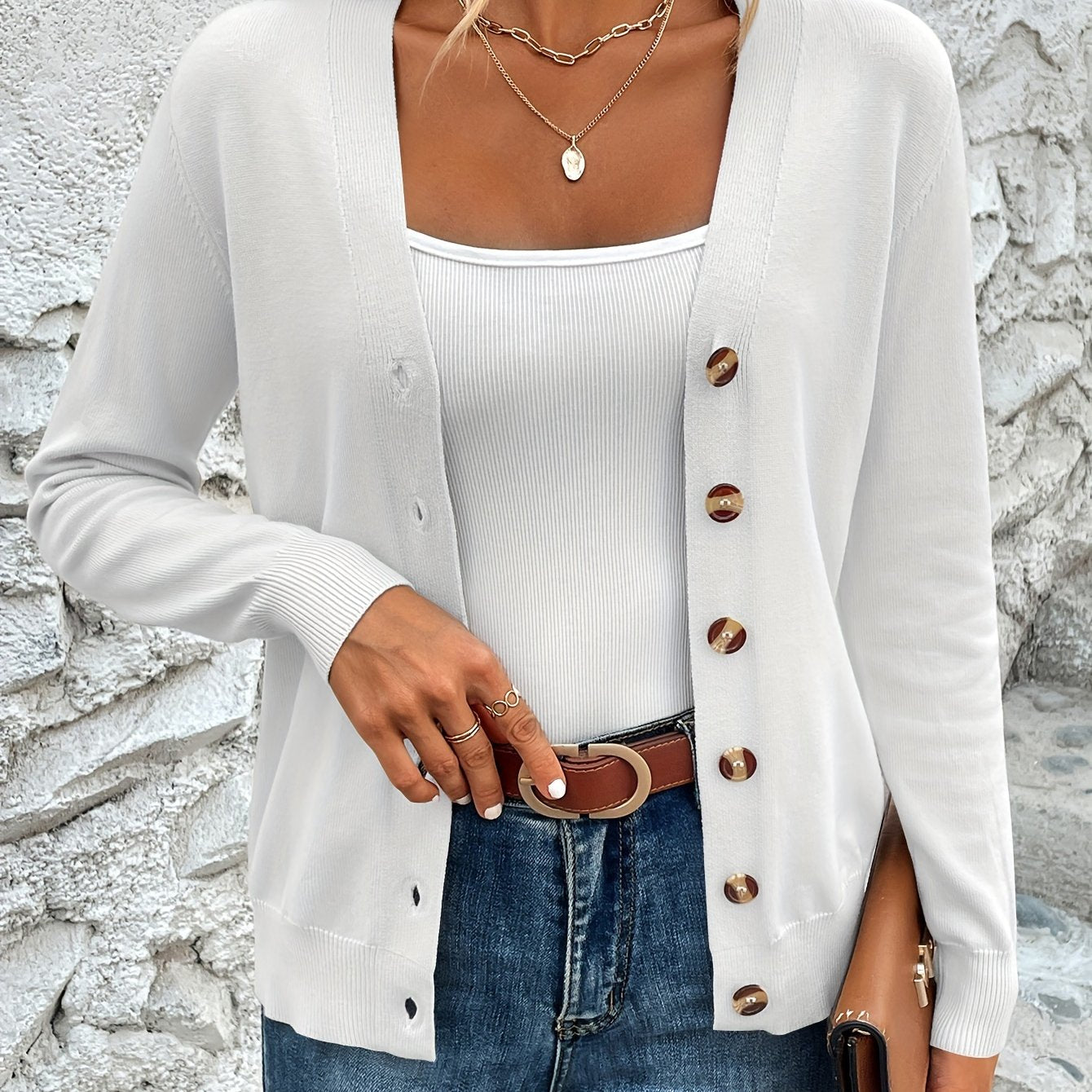 Button Front V-Neck Cardigan Top