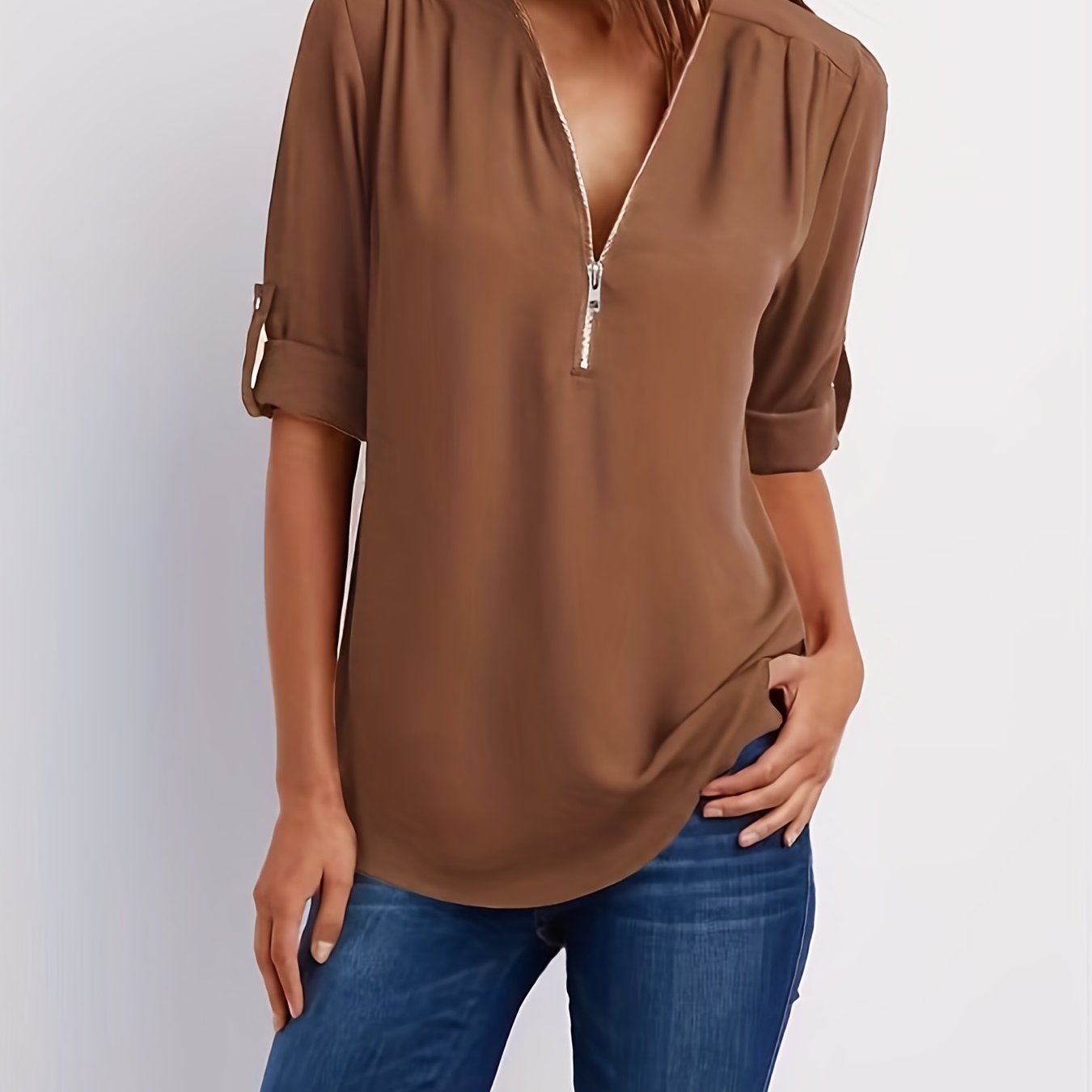 Ruched Sleeve Zip V-Neck Blouse