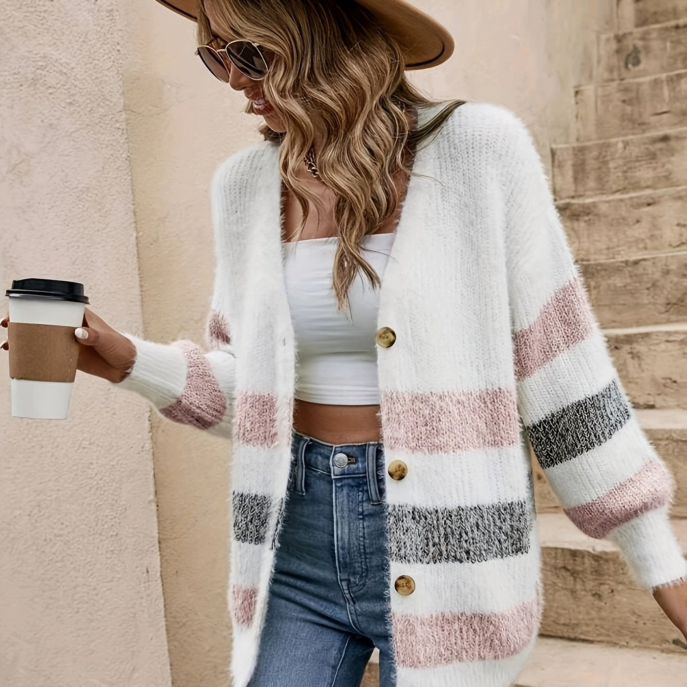Striped Deep V-Neck Cardigan