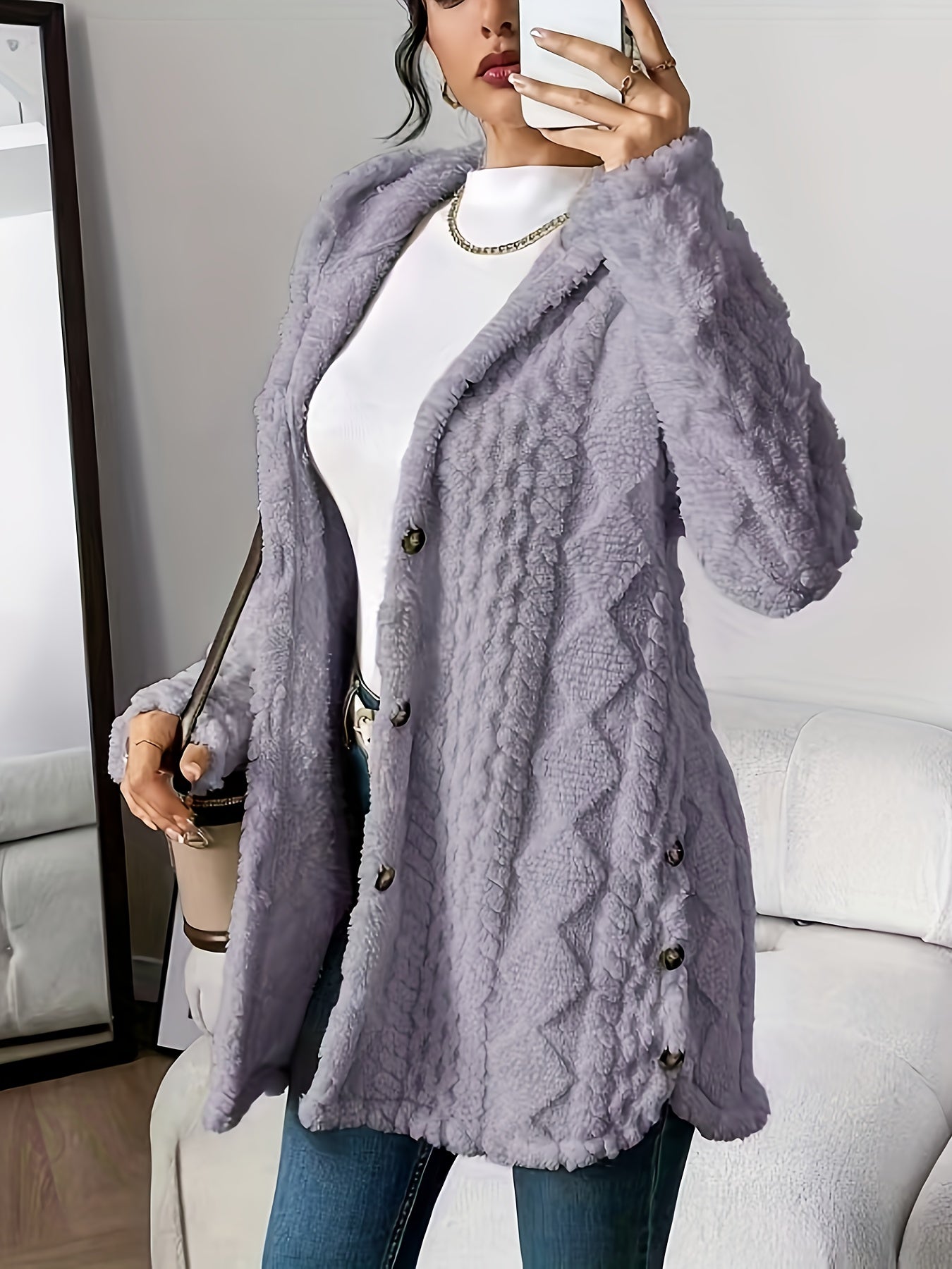 Plush Hooded Argyle Cardigan Coat