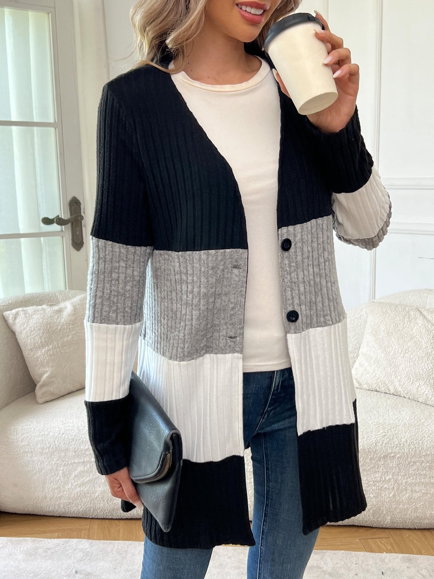 Colorblock Button Front Cardigan