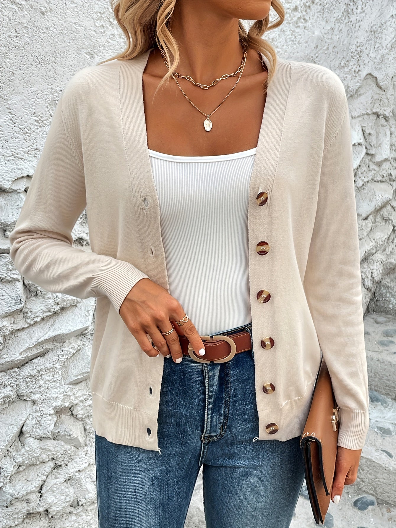 Button Front V-Neck Cardigan Top