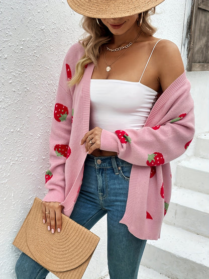 Strawberry Print Open Front Cardigan