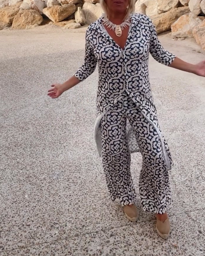 Vintage Printed Two-Piece Set – Blouse & Pants