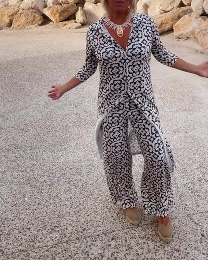 Vintage Printed Two-Piece Set – Blouse & Pants