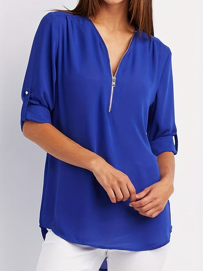 Ruched Sleeve Zip V-Neck Blouse
