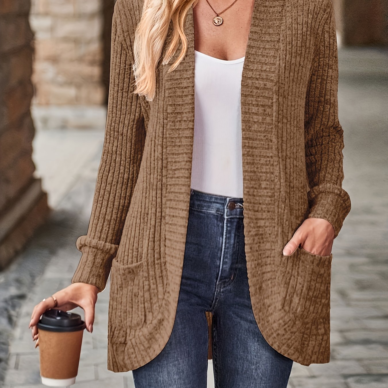 Ribbed Open Front Cardigan with Pockets