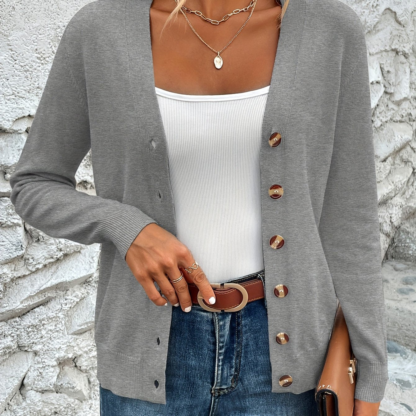 Button Front V-Neck Cardigan Top