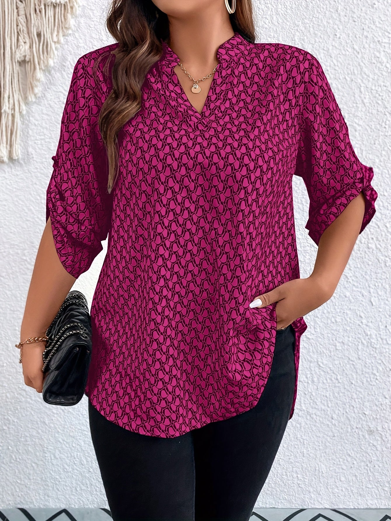Printed Notched Neck Tunic Blouse