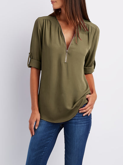 Ruched Sleeve Zip V-Neck Blouse