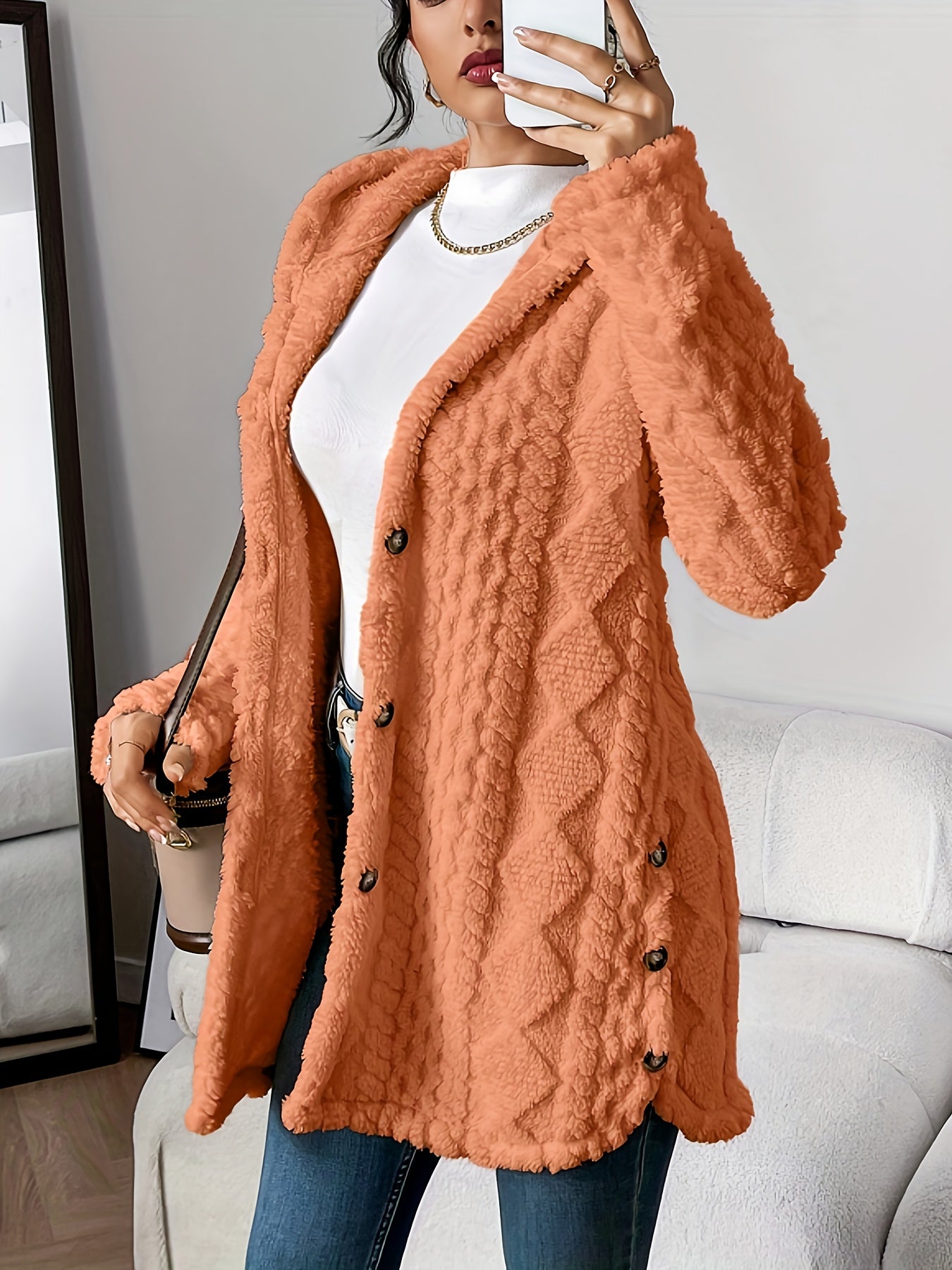 Plush Hooded Argyle Cardigan Coat