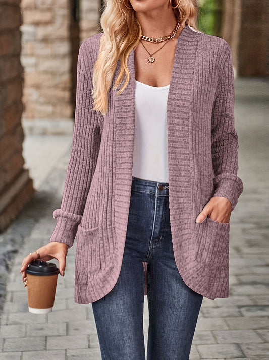 Ribbed Open Front Cardigan with Pockets
