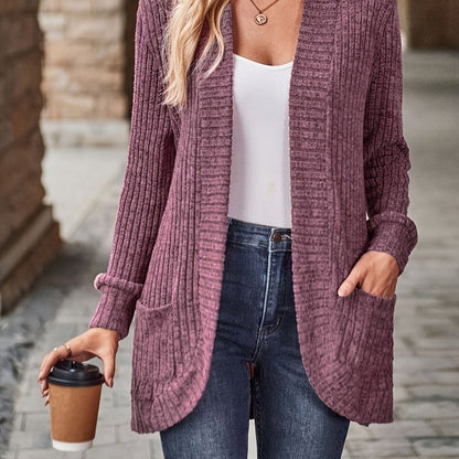 Ribbed Open Front Cardigan with Pockets