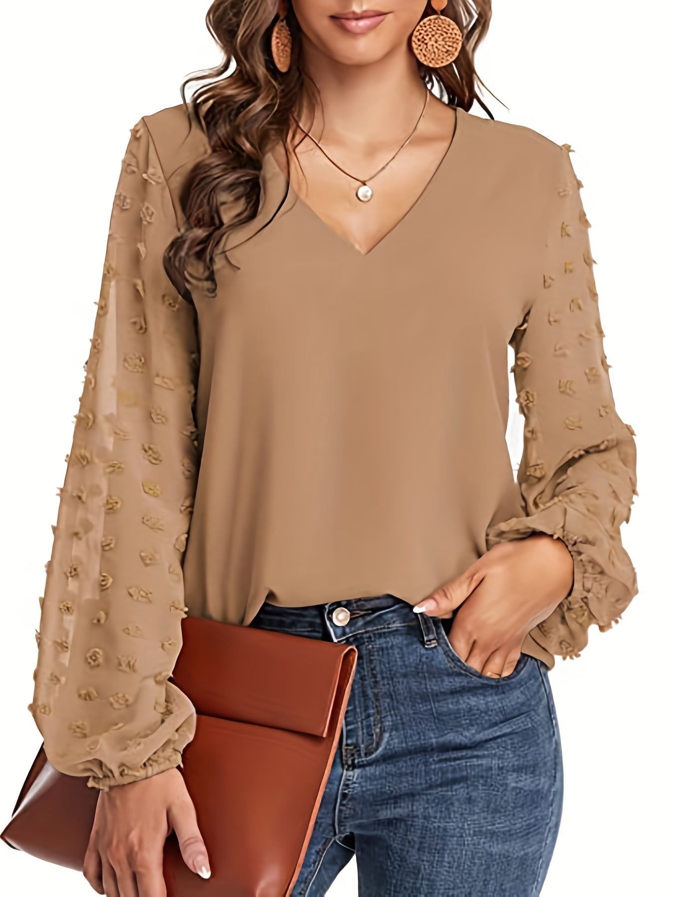 V-Neck Shirt with Swiss Dot Sleeves
