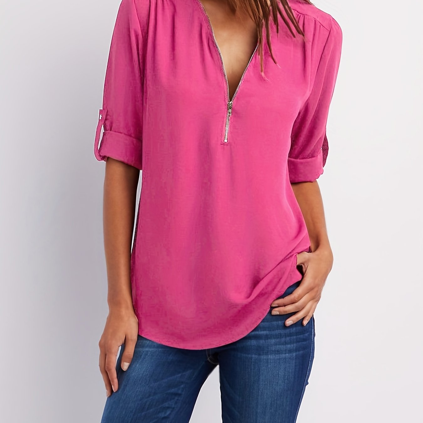 Ruched Sleeve Zip V-Neck Blouse