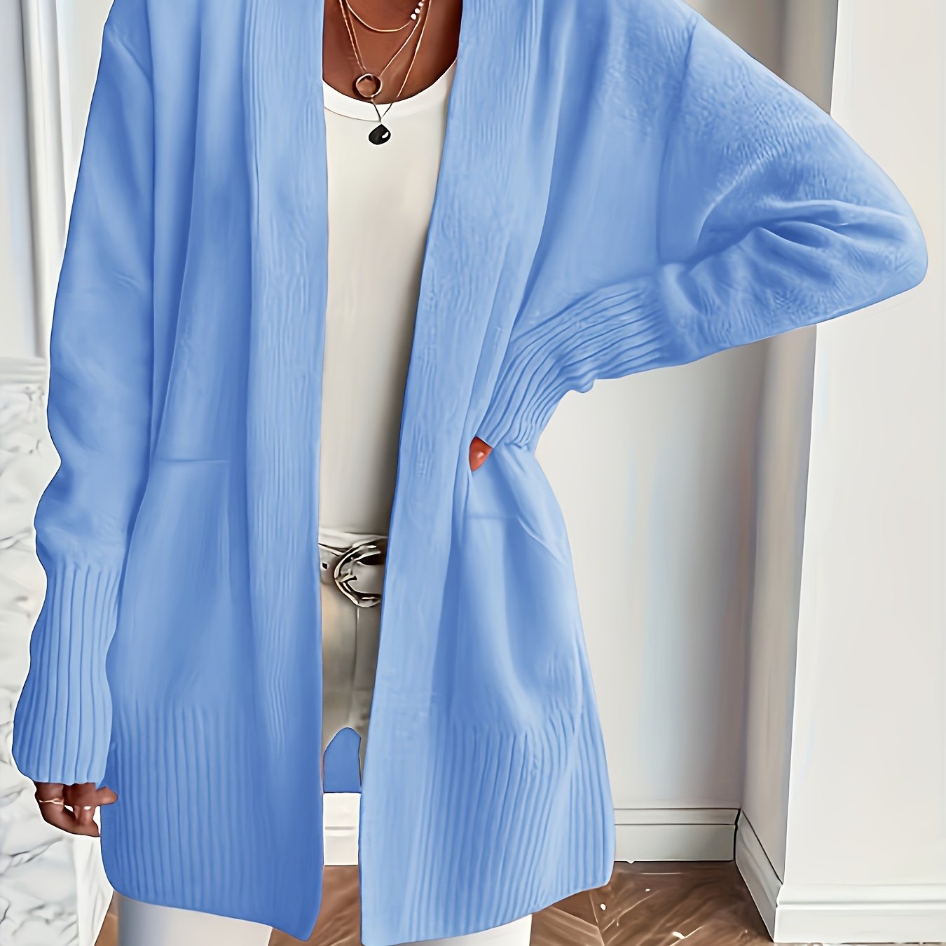 Elegant Open Front Cardigan with Pockets