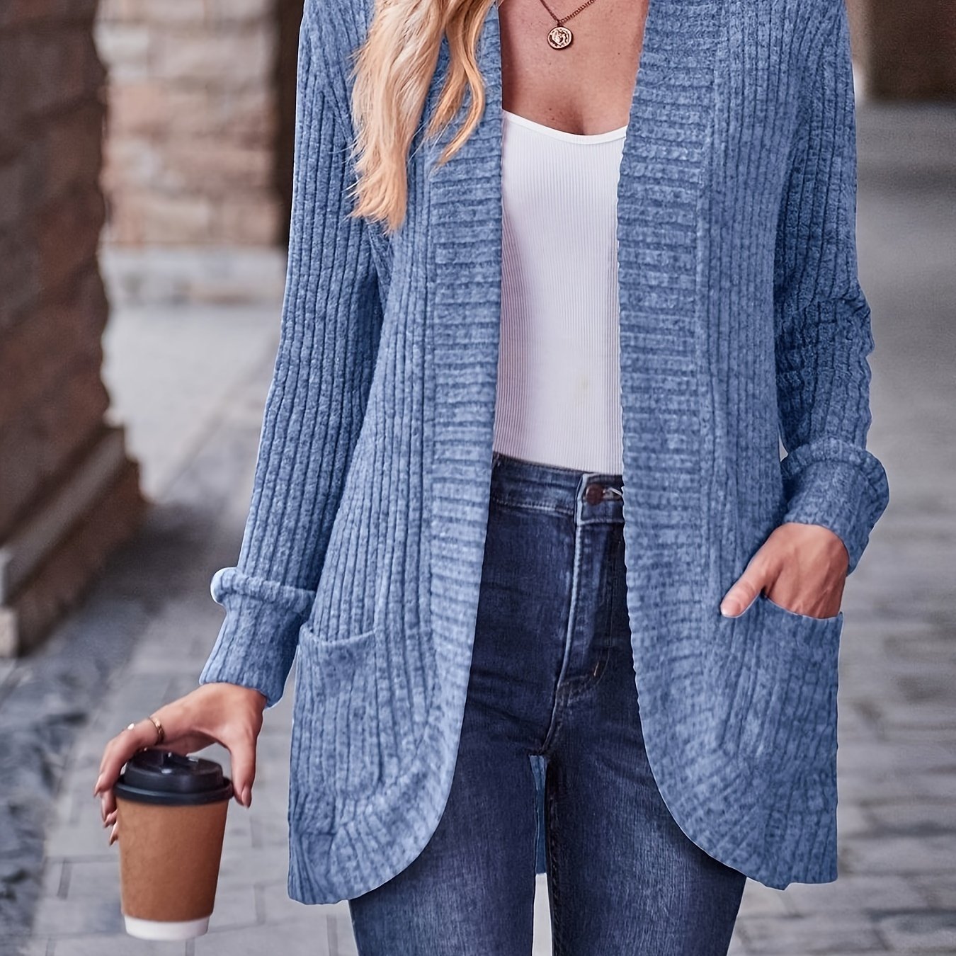 Ribbed Open Front Cardigan with Pockets