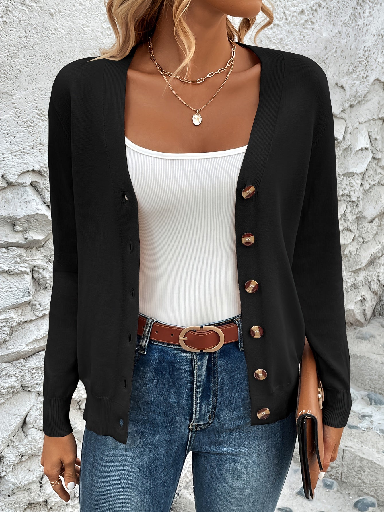 Button Front V-Neck Cardigan Top