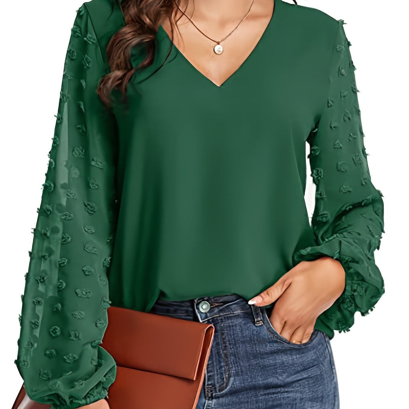 V-Neck Shirt with Swiss Dot Sleeves