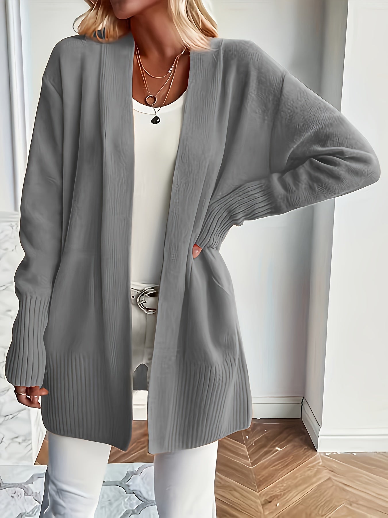 Elegant Open Front Cardigan with Pockets