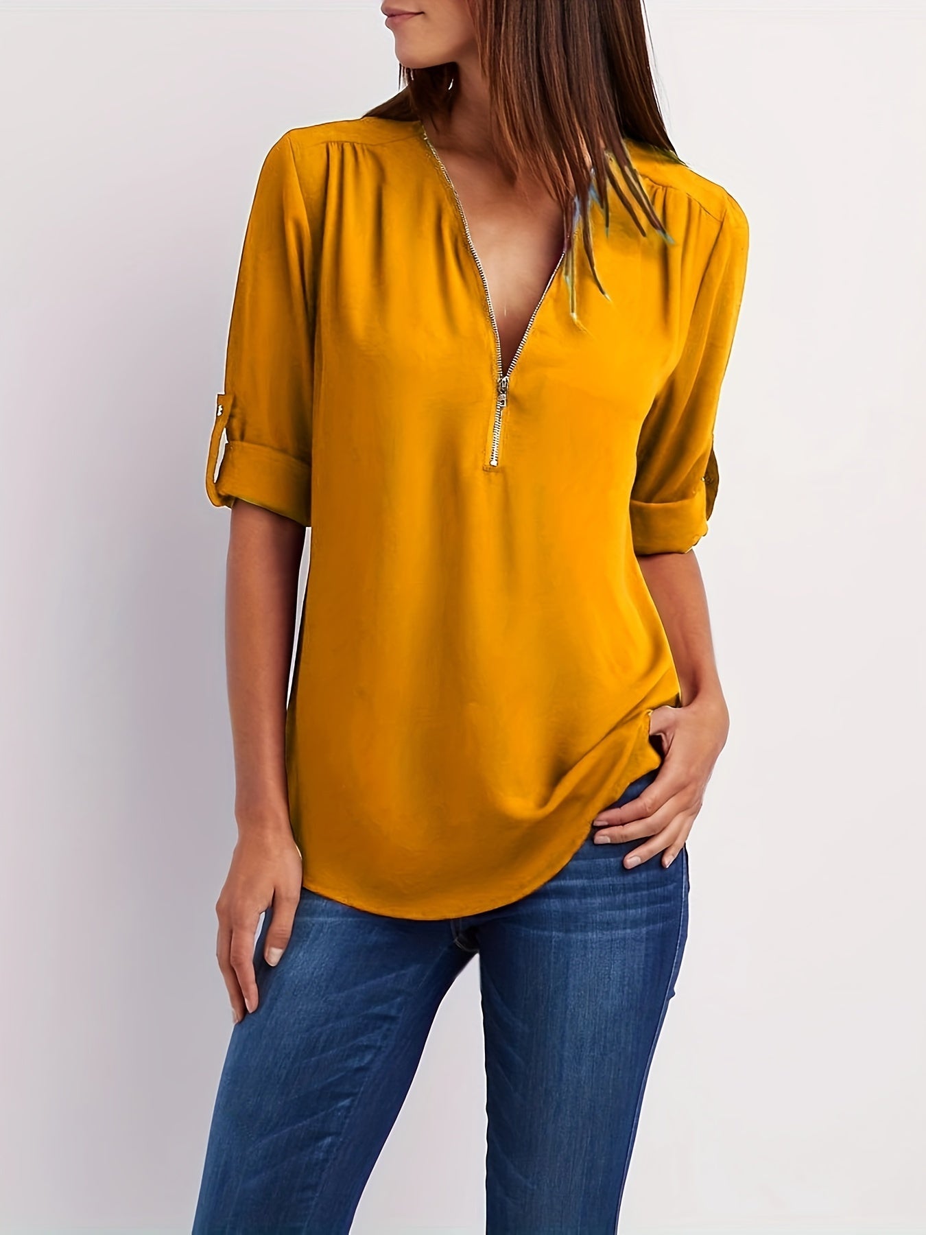Ruched Sleeve Zip V-Neck Blouse