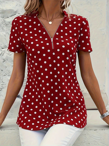 Polka Dot V-Neck Zipper Blouse