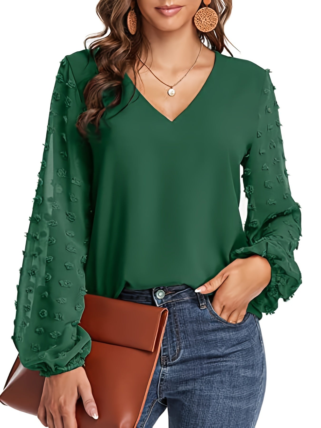 V-Neck Shirt with Swiss Dot Sleeves