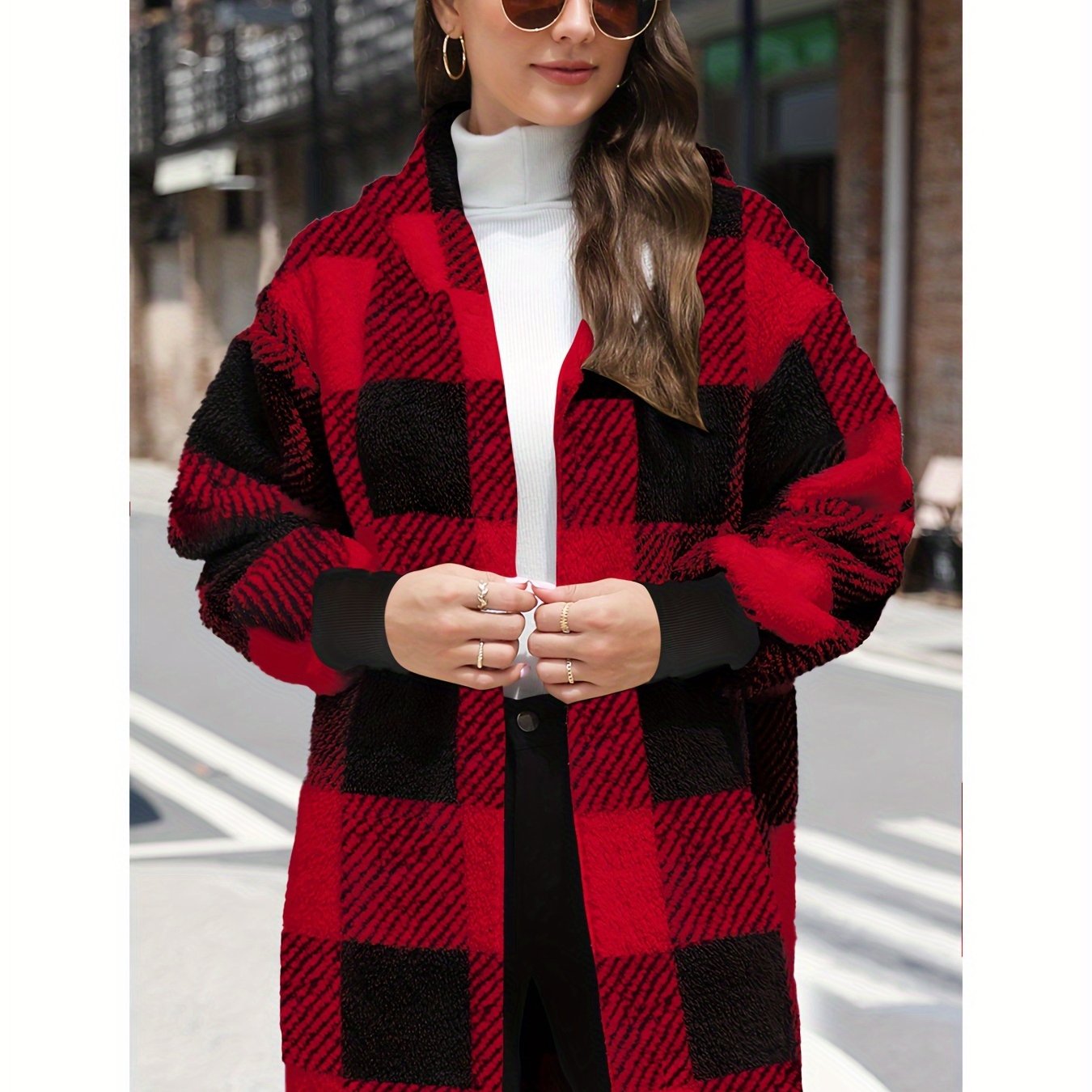 Plaid Fleece Hooded Cardigan Jacket
