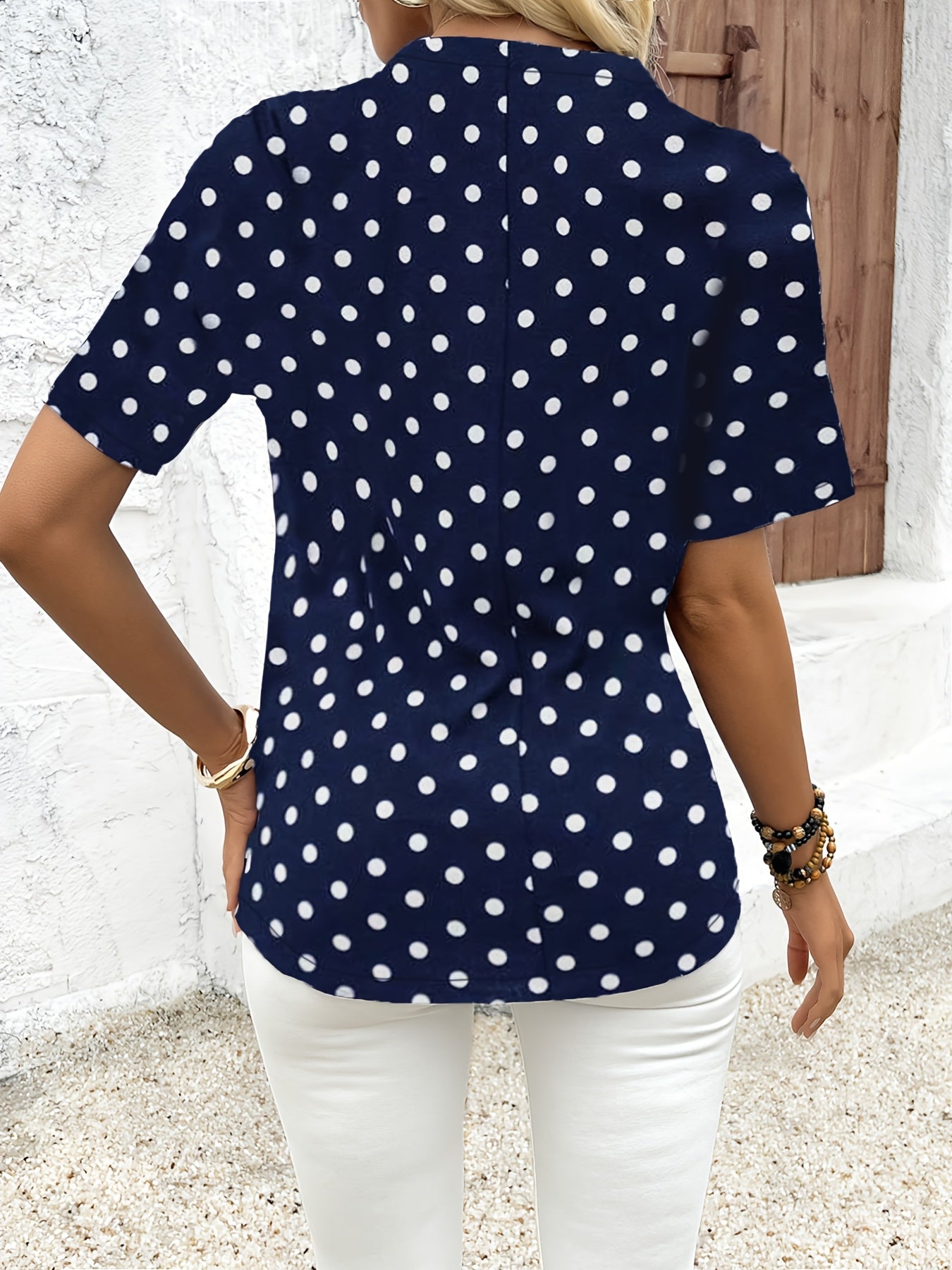 Polka Dot V-Neck Zipper Blouse
