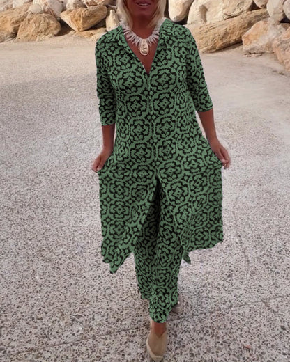 Vintage Printed Two-Piece Set – Blouse & Pants