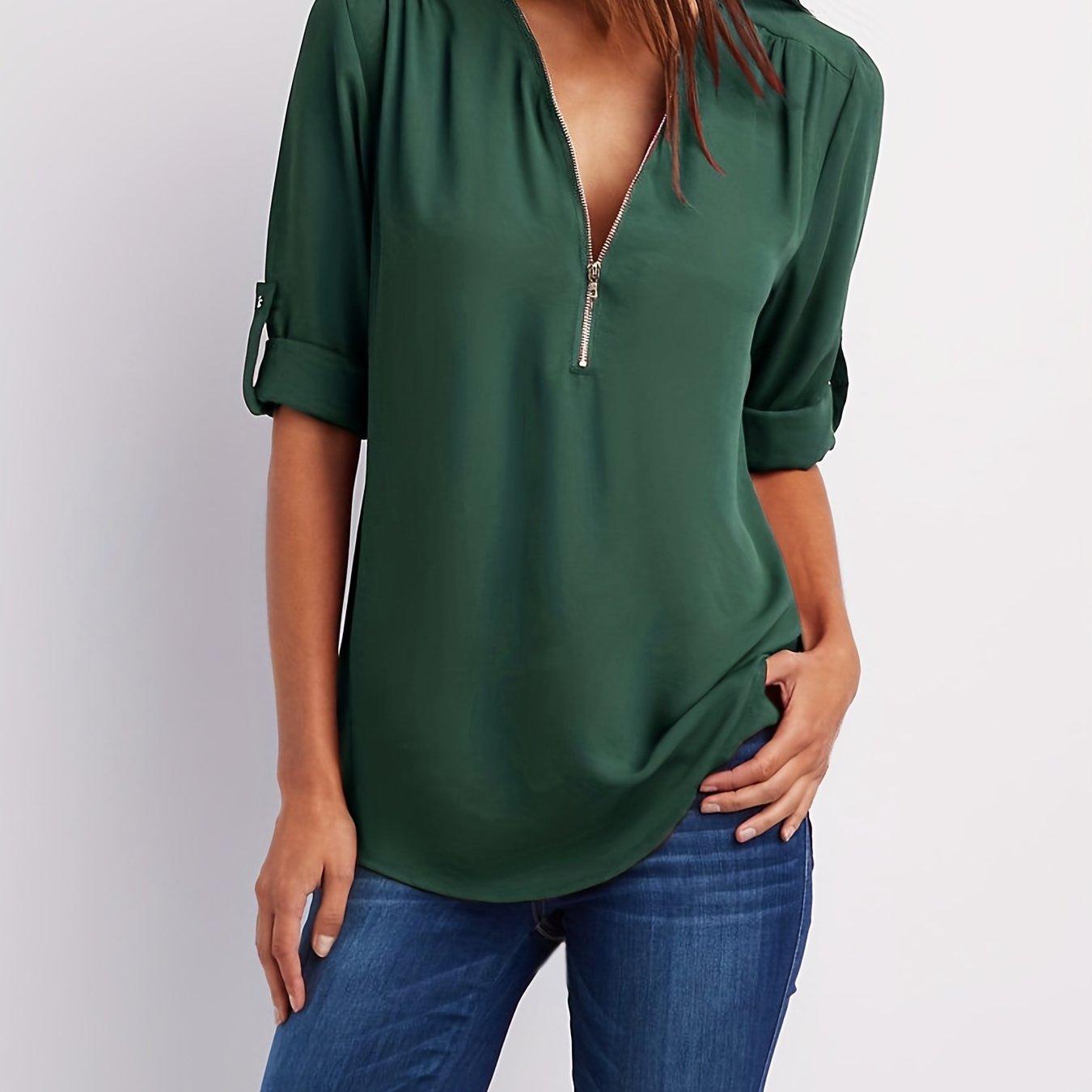 Ruched Sleeve Zip V-Neck Blouse