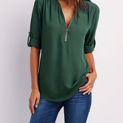 Ruched Sleeve Zip V-Neck Blouse