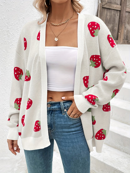Strawberry Print Open Front Cardigan